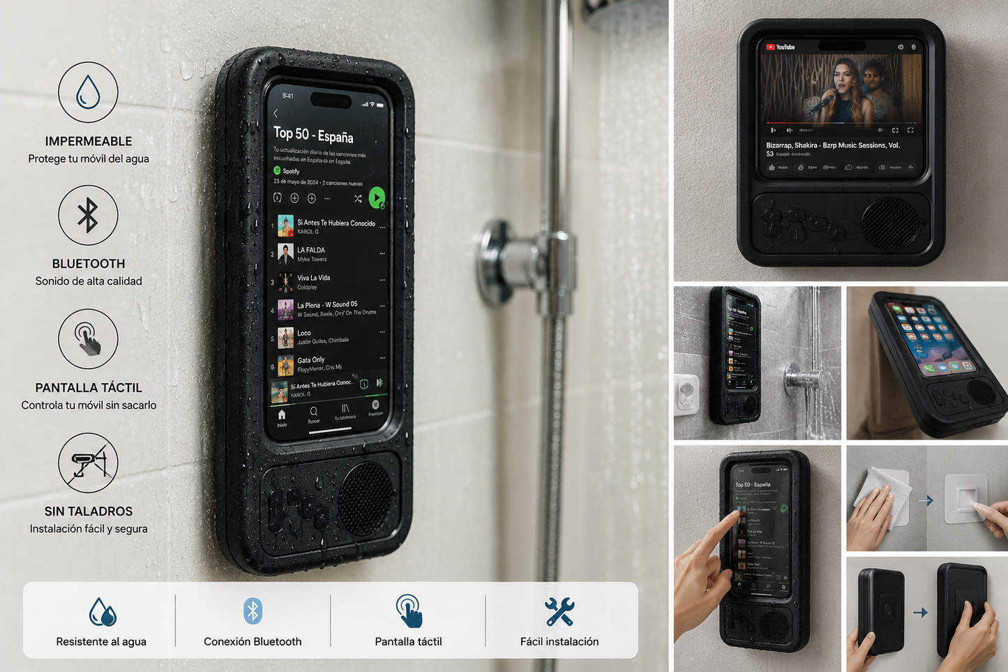 Funda de Teléfono Impermeable con Altavoz Bluetooth y Pantalla Táctil para la Ducha
